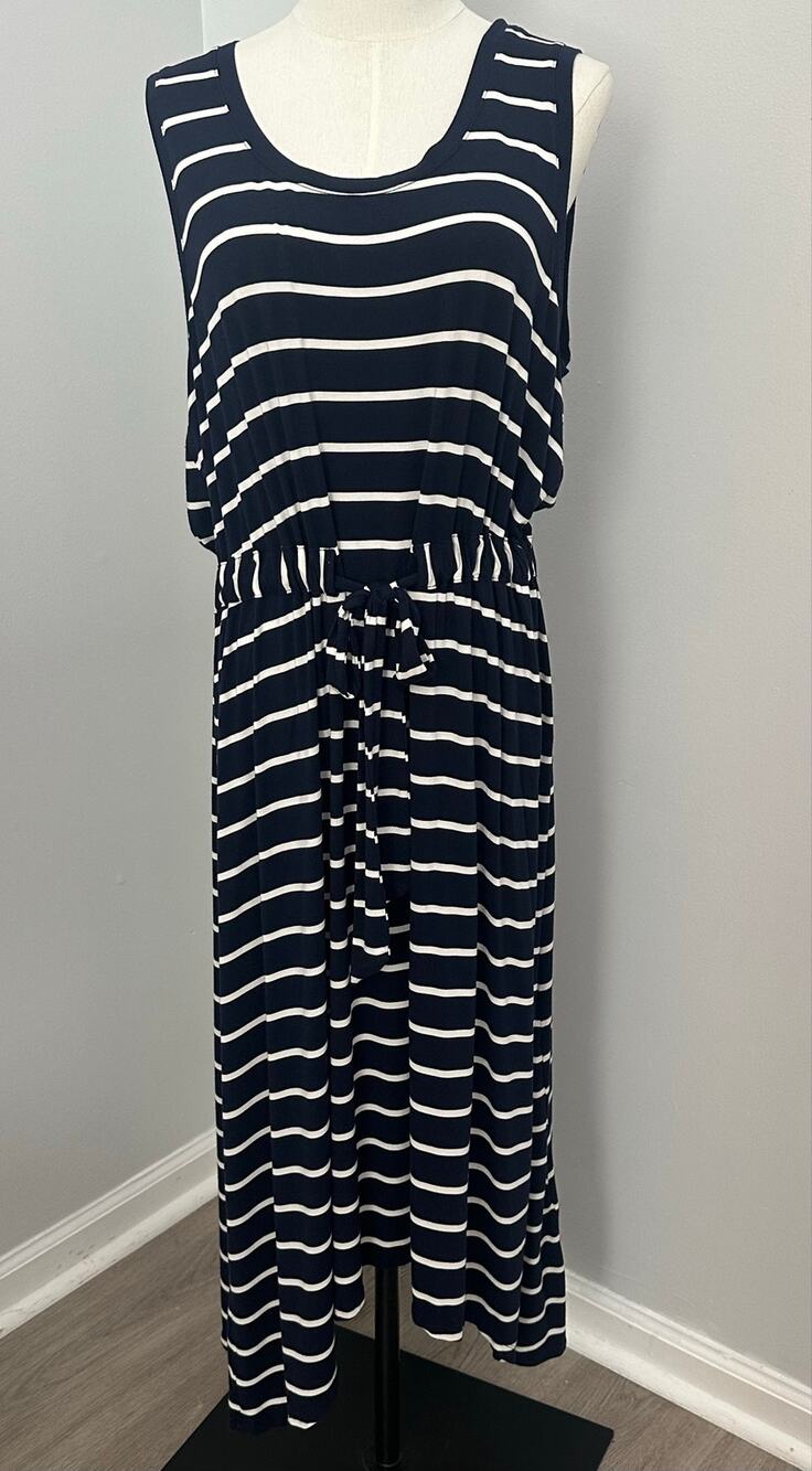 GAP Striped Tank Midi Dress XL Navy Blue Handkerchief Hem Coastal Nautical